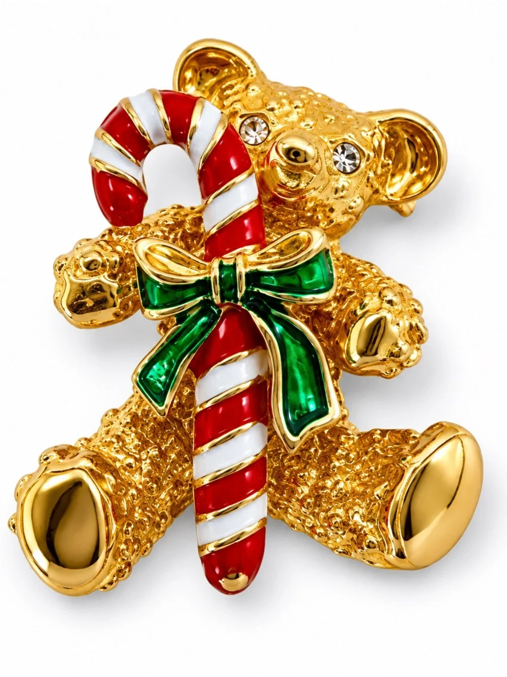 Vintage Gold Tone Teddy Bear Christmas Brooch Pin Candy Cane Holiday Rhinestones